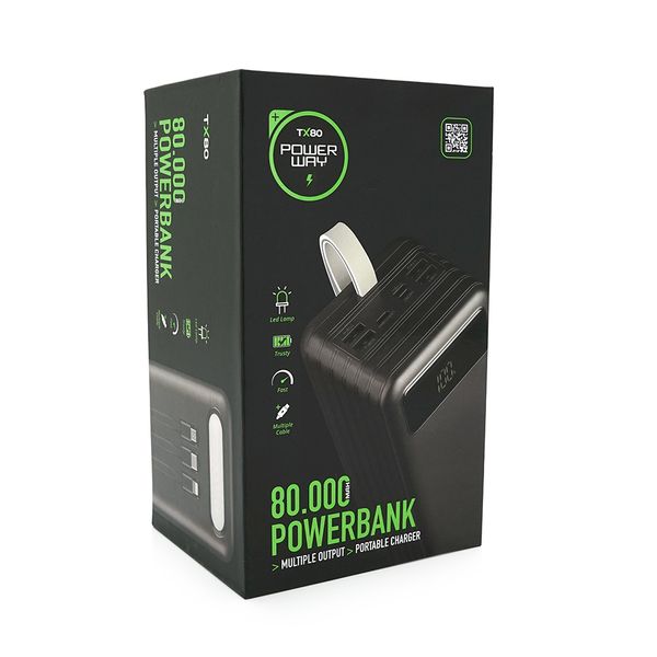 Powerbank TX-80 80000mAh, кабеля USB: Micro, Lighting, Type-C, White/Black, (1460g), Blister 26246 фото