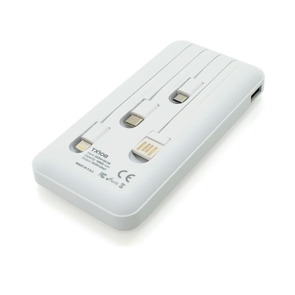 Powerbank TX-108 10000mAh, кабеля USB: Micro, Lighting, White/Black, (270g), Blister 29363 фото